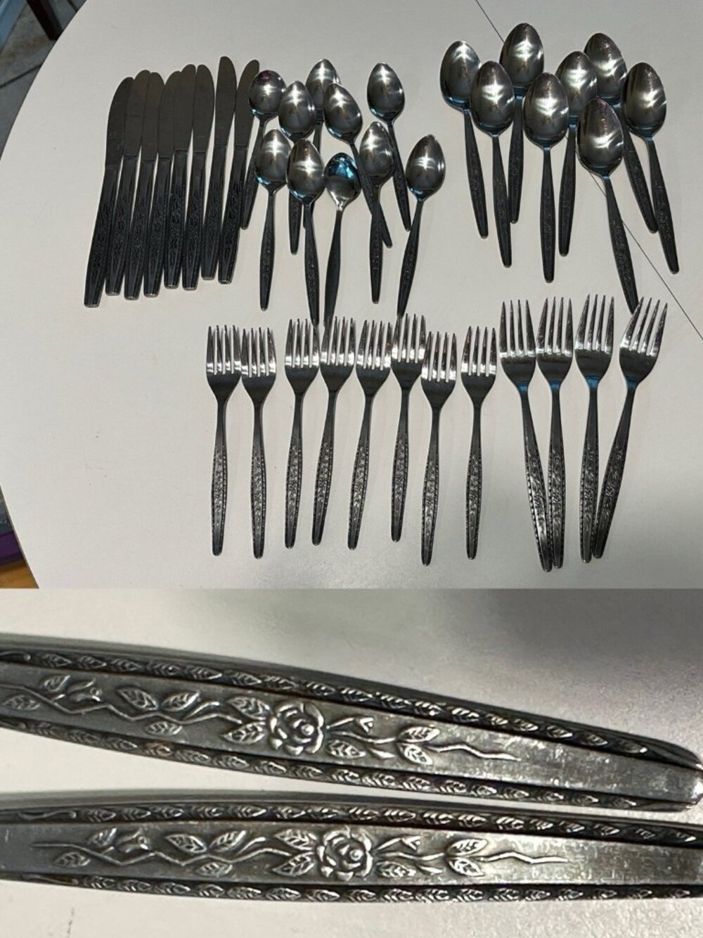 38 pc Vintage MCM Interpur INR7 Stainless Flatware Spoons Forks Knives Floral